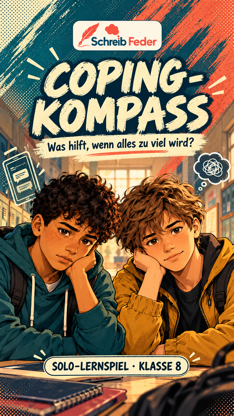 Coping-Kompass: Malik und Elias im Anime-Arcade-Stil – Was hilft, wenn alles zu viel wird?